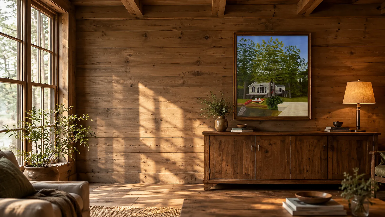 A framed, hand-painted cottage portrait hanging above a wooden sideboard in a sunlit cabin