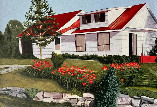 Painting of a white house with a red roof and poppies