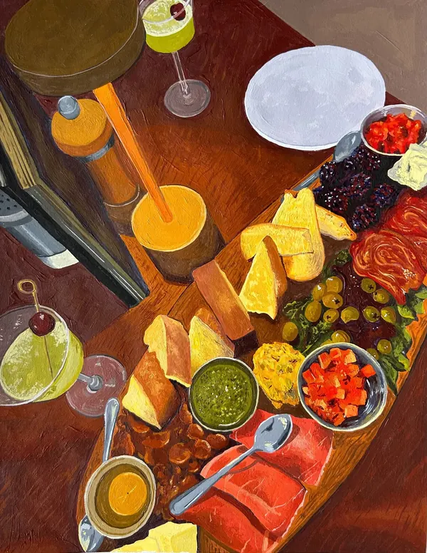 Overhead painting of a charcuterie board and cocktails