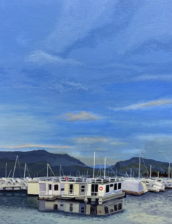Painting of a marina with a houseboat and mountains